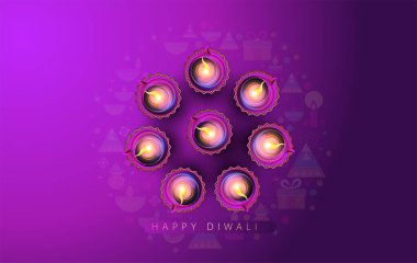 Diya 'nın yağ lambası elementleriyle Mutlu Diwali tasarımı üzerine Diya' yı yakmak, Hindistan 'ın ışık festivali