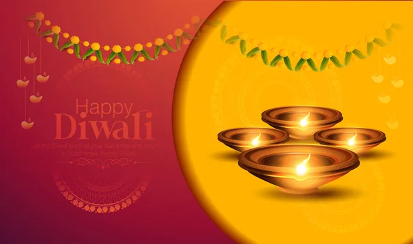 Diya Nın Yağ Lambası Elementleriyle Mutlu Diwali Tasarımı Üzerine Diya — Stok Vektör