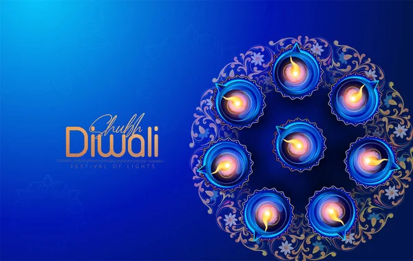 Diya 'nın yağ lambası elementleriyle Mutlu Diwali tasarımı üzerine Diya' yı yakmak, Hindistan 'ın ışık festivali