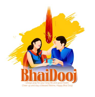 Mutlu Bhai Dooj, Bhai Tika, Bhau-beej Hindu Festivali - Sarı Dekoratif Vektör İllüstrasyonu
