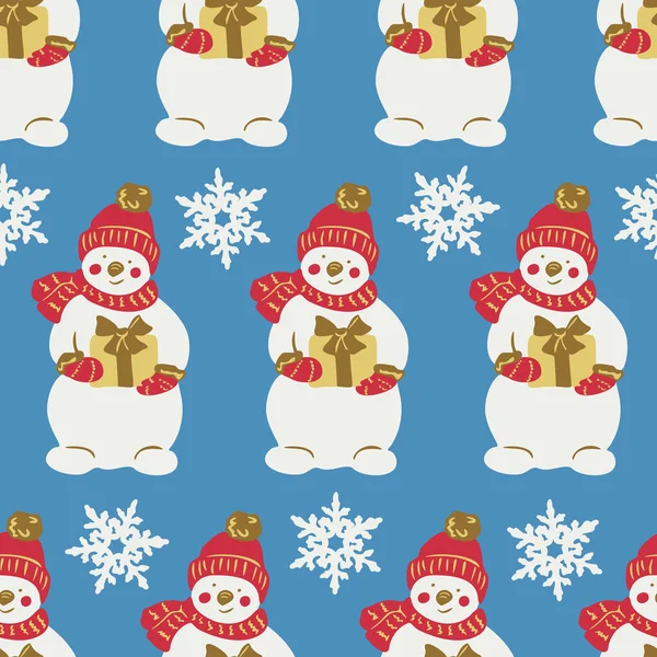 Векторный Бесшовный Рисунок Снеговиком Держит Подарок Дизайн Снеговиком Подарок Снежинки — стоковый вектор