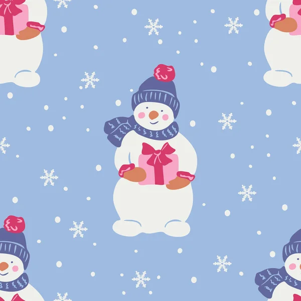 Векторный Бесшовный Рисунок Снеговиком Снежинками Снеговик Держит Руках Подарок — стоковый вектор
