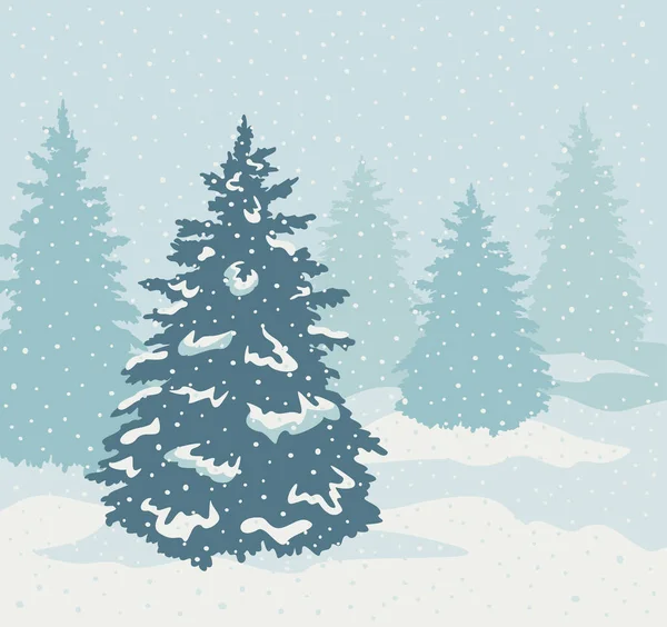 Ilustración Vectorial Del Paisaje Invernal Con Abetos Árboles Navidad Nieve — Vector de stock