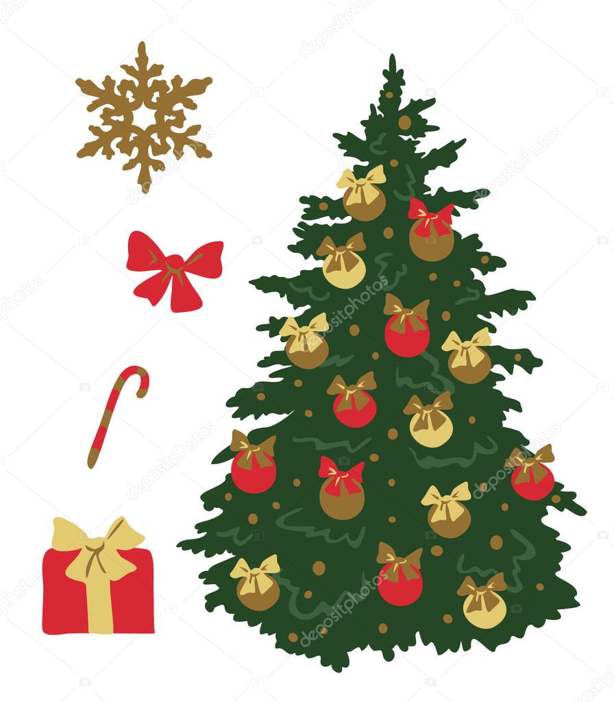 Vector illustration with Christmas decorations. Isolated Christmas tree with baubles, present with bowknot, gold snowflake, candy cane.