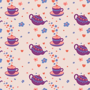 Çaydanlıklar, fincanlar, tabaklar, kalpler ve çiçeklerle kusursuz bir şablon. Romantik tasarım.