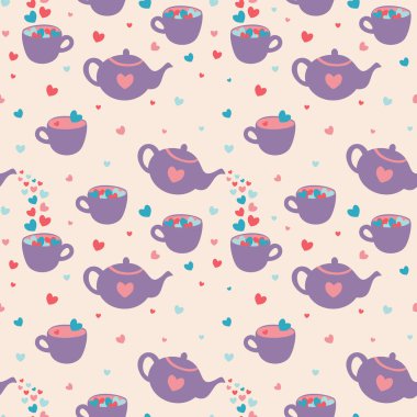 Çaydanlıklar, kalpler ve çay fincanlarıyla kusursuz bir şablon. Romantik, sevimli tasarım..