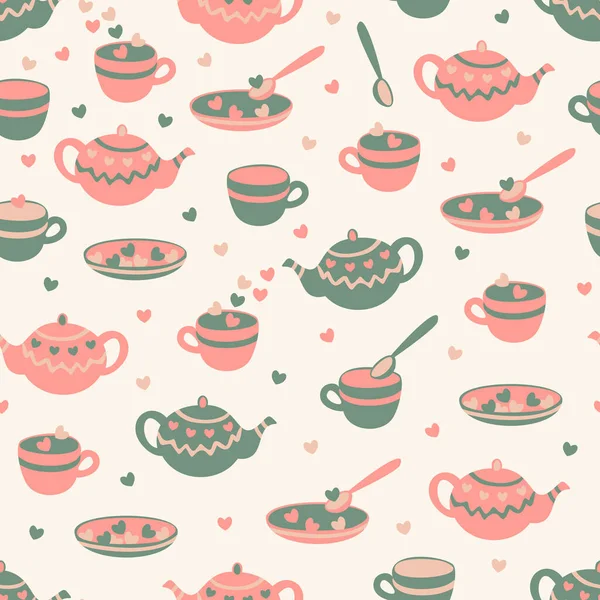 Векторный Бесшовный Рисунок Чайников Чашки Тарелки Чайные Ложки Сердца Дизайн — стоковый вектор