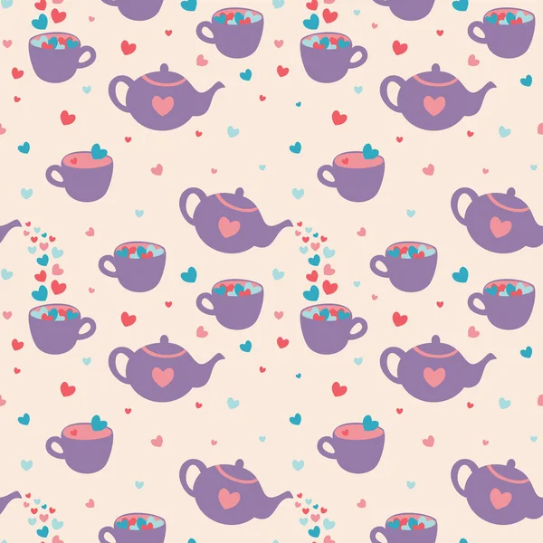 向量无缝图案与茶壶 心脏和茶杯 浪漫可爱的设计 — 图库矢量图片
