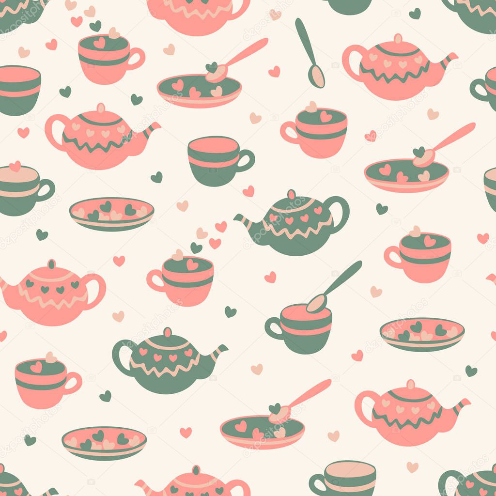 Vector seamless pattern with teapots, cups, saucers, teaspoons and hearts. Design in cartoon style.