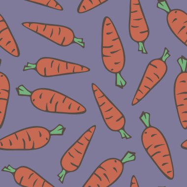 Çizgi filmlerdeki gibi havuç desenli vektör deseni. Paket, kumaş ve parmak izi için turuncu havuçlu tasarım..