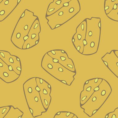 Çizgili peynir parçalarıyla vektörsüz desen. Sarı arkaplanda peynirli tasarım.