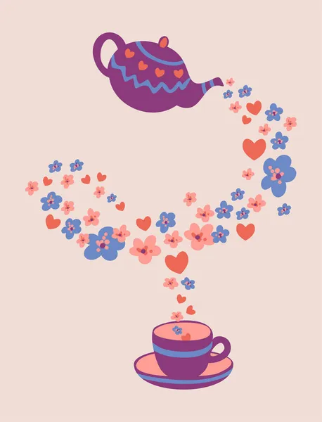 Vector Illustration Teapot Cup Saucer Flowers Hearts Design Postcard — Stock Vector