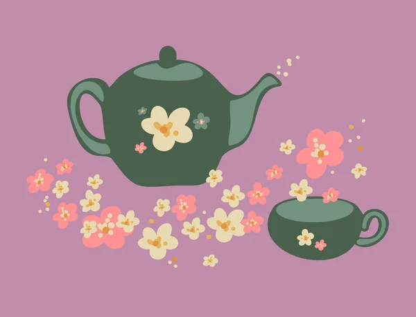 Ilustración Vectorial Tetera Taza Con Flores Diseño Dibujado Mano — Archivo Imágenes Vectoriales