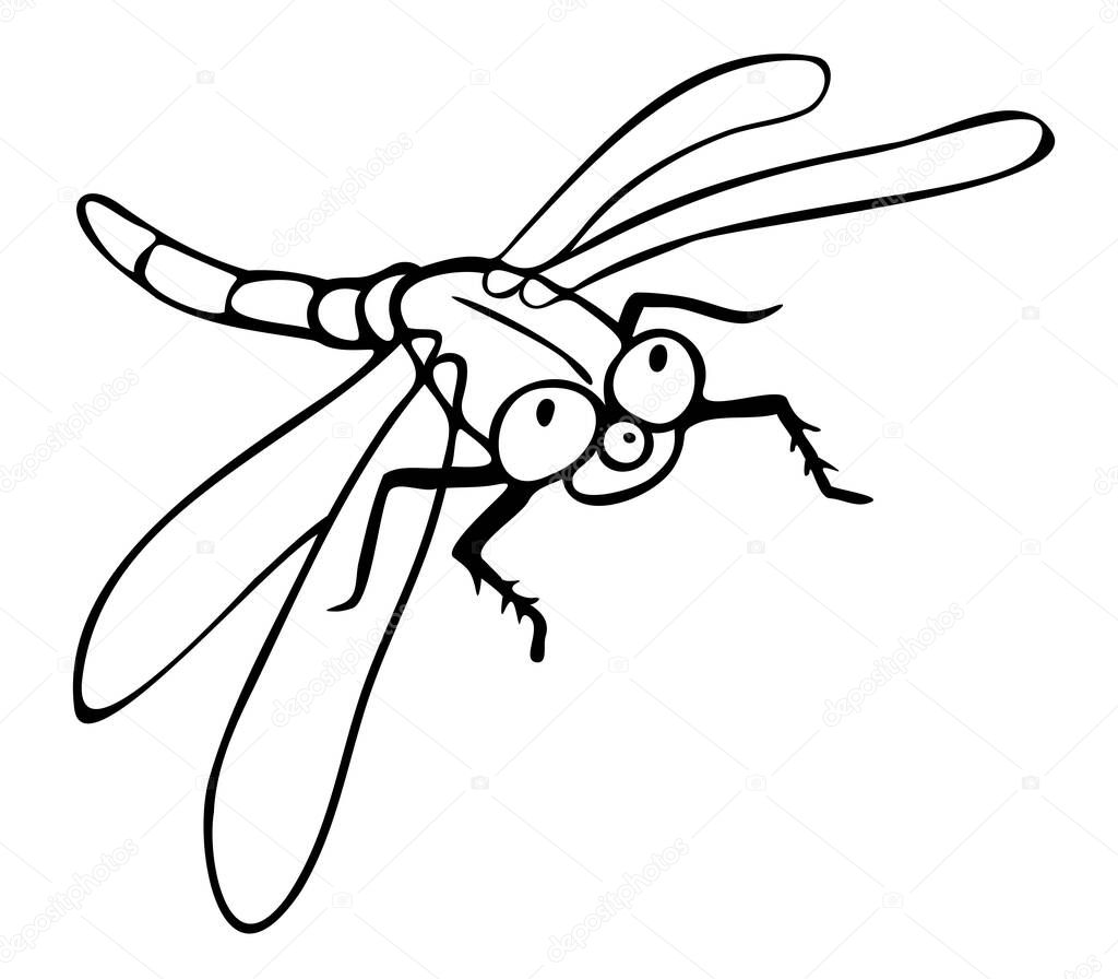 Vector illustration of black and white dragonfly. Design for coloring book.