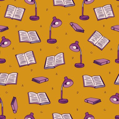 Kitaplar, harfler ve lambalarla kusursuz bir şablon. Çizgi film tarzında dizayn et.