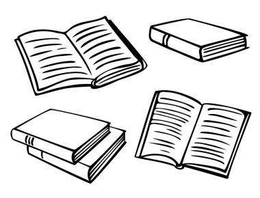 Kitap koleksiyonu olan vektör illüstrasyonu. Siyah ve beyaz açık ve kapalı kitaplar.