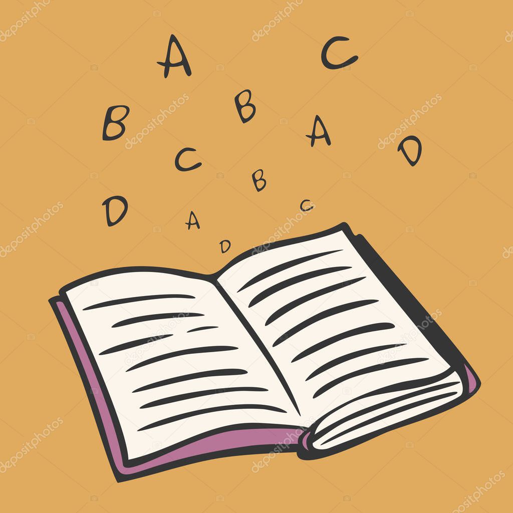 Vector illustration of open book with letters. Hand drawn book in cartoon style.