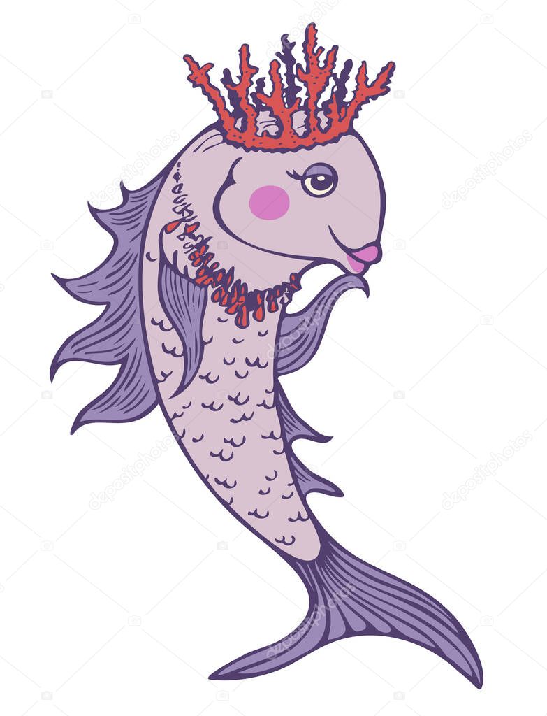 Vector illustration of fish with crown and necklace. Fancy hand drawn fish.