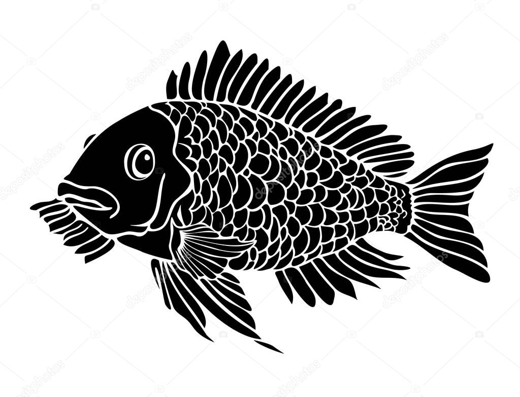 Vector illustration with silhouette of a fish. Hand drawn black and white fish.