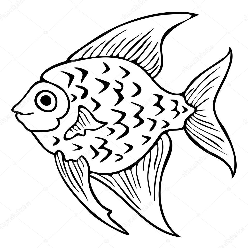 Vector illustration of black and white fish. Design for coloring book.