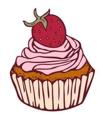 Vector illustration of cupcake with strawberry on its top. Cupcake colored and depicted by a line.