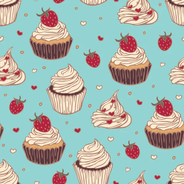 Vector Seamless Pattern Cupcakes Hand Drawn Design Tasty Confections — Stok Vektör