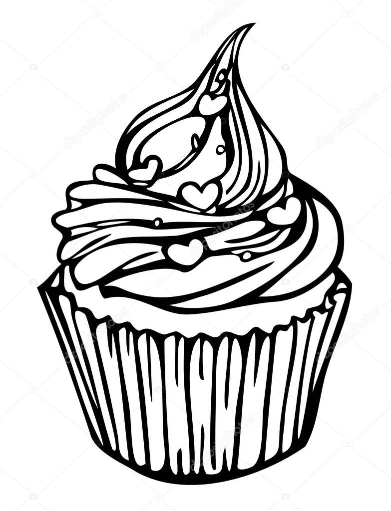 Vector illustration of black and white cupcake. Isolated hand drawn cupcake.