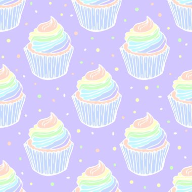Gökkuşağı kremalı keklerle kusursuz bir desen. Pastel renkte el çizimi tasarımı.