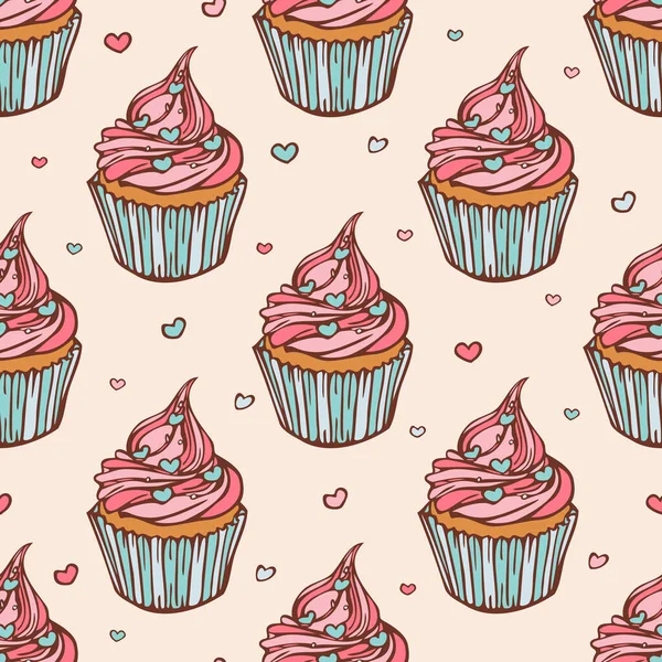 Vector Naadloos Patroon Met Cupcakes Met Hartvormige Hagelslag Handgetekend Ontwerp — Stockvector