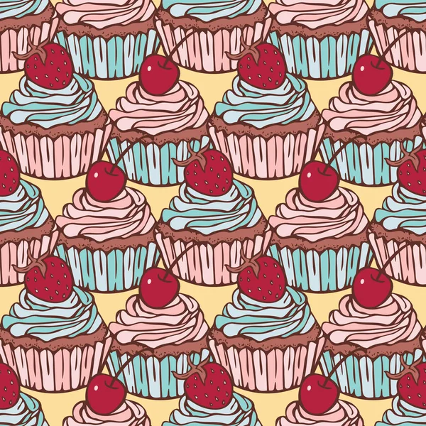 向量无缝图案与纸杯蛋糕樱桃和草莓 附有糖果的手绘图案 — 图库矢量图片