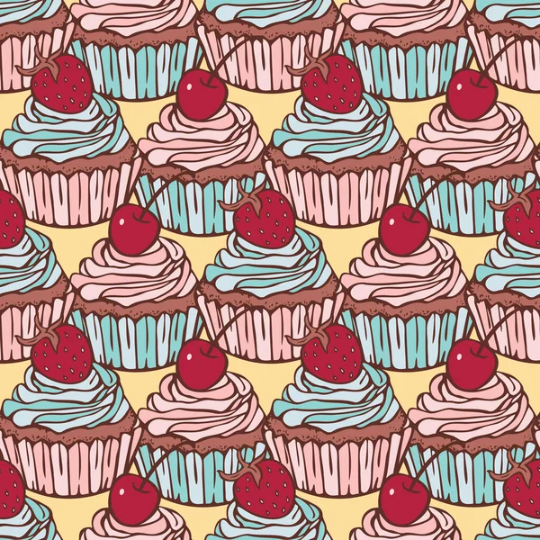 Patrón Sin Costuras Vectorial Con Cupcakes Con Cereza Fresa Diseño — Archivo Imágenes Vectoriales