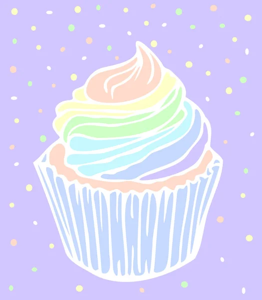 顶部有彩虹奶油的纸杯蛋糕的矢量插图 手绘纸杯蛋糕 — 图库矢量图片