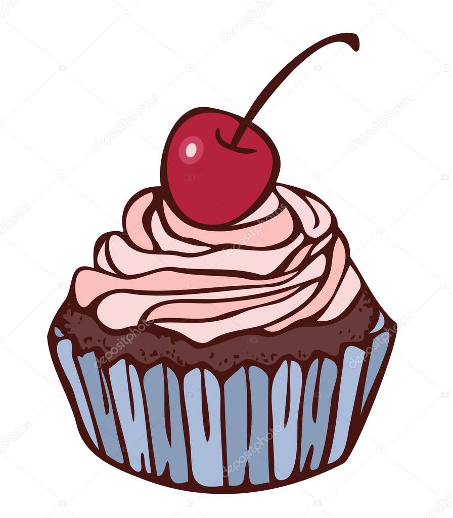 Vector illustration of cupcake with cherry on its top. Cupcake colored and depicted by a line.