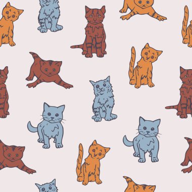 Farklı kediciklerle vektör kusursuz desen. El çizimi dekoratif tasarım.