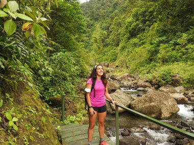 Costa Rica 'da ormanda yürüyüş yapan genç bir kadın.