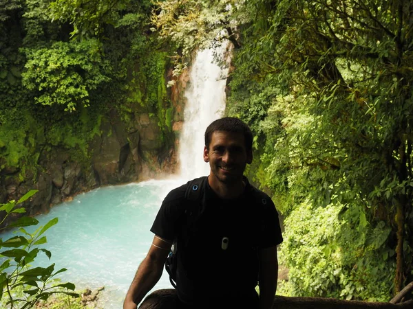 Young Man Rio Celeste Waterfall — Stockfoto
