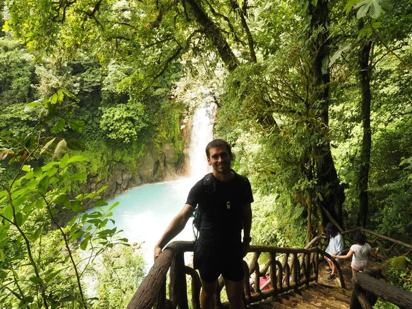 Young Man Rio Celeste Waterfall — Stockfoto