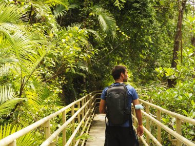 KOSTA RICA 'DA MANUEL ANTONIO' NUN ULUSAL Parkı 'nda yürüyüş yapan genç adam