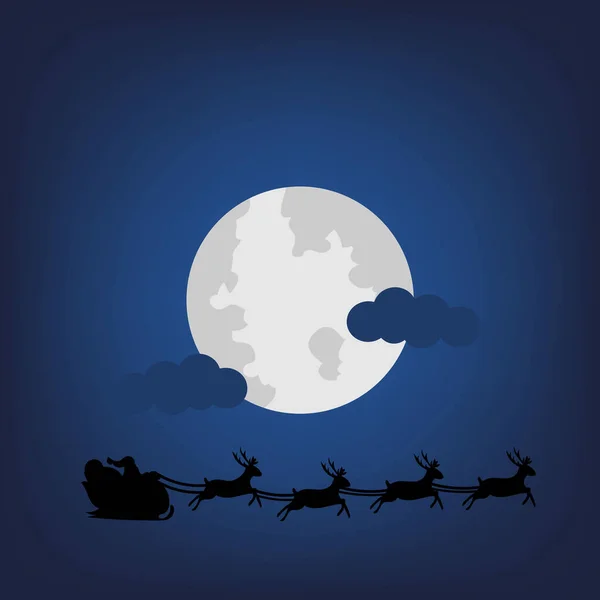 Natt Med Fullmåne Jultomten Rider Ren Sleigh Vectorhappy Jul Koncept — Stock vektor