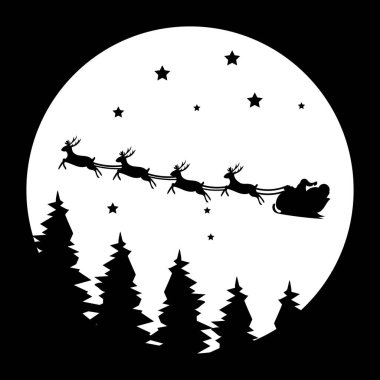 Noel Baba ren geyiği kızağına biniyor. Vectorry noel konsepti, web pankartı tasarımı, noel davetiyesi ve mutlu yıllar festivali, vektör illüstrasyonu.