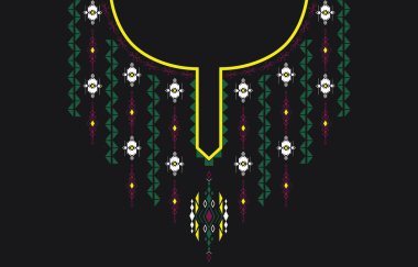 Geometrik etnik desenli boyun nakışı, kolye, arkaplan veya duvar kağıdı ve giysi için yaka tasarımı, batik, kumaş, oryantal kilise.