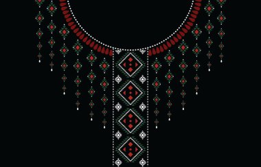 Geometrik etnik desenli boyun nakışı, kolye, arkaplan veya duvar kağıdı ve giysi için yaka tasarımı, batik, kumaş, oryantal kilise.