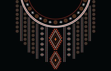Geometrik etnik desenli boyun nakışı, kolye, arkaplan veya duvar kağıdı ve giysi için yaka tasarımı, batik, kumaş, oryantal kilise.