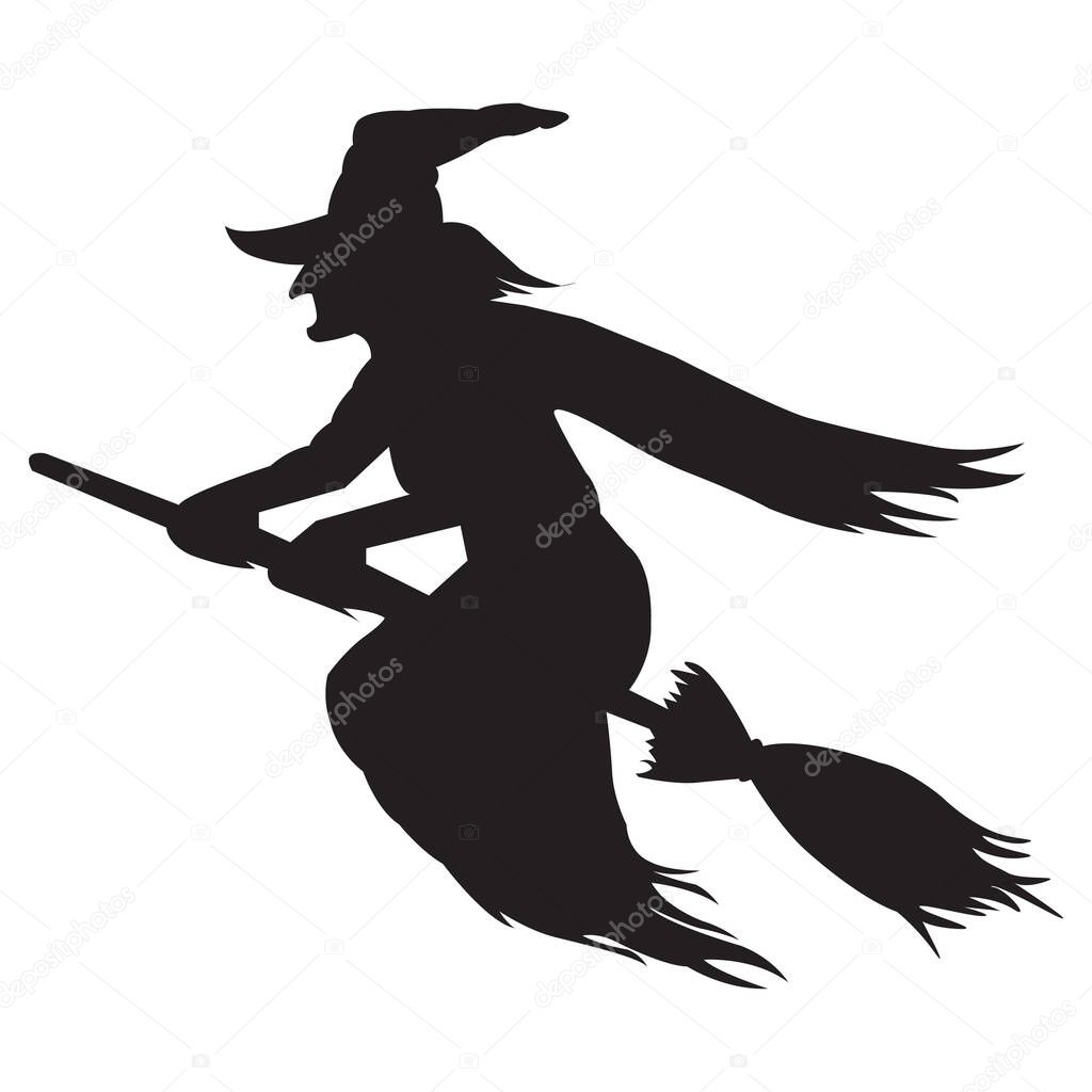Halloween icon isolated on a white background. vector art, Emotional flying witch silhouette clipart.