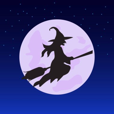 Vector witch silhouette over the Moon. Halloween illustration of mysterious night with full moon and flying witch.