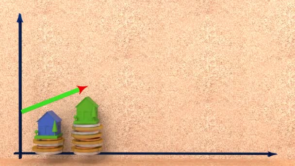 3Dビデオ コインの山の上に家や矢印とグラフ 成長とドロップ — ストック動画