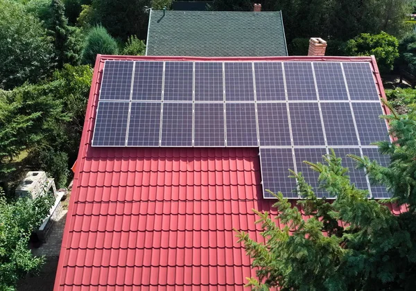 Photovoltaic Panels Roof Country House Bird Eye View — Stock Photo, Image