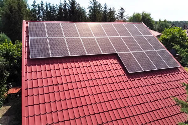 Photovoltaic Panels Roof Country House Bird Eye View — Stock Photo, Image