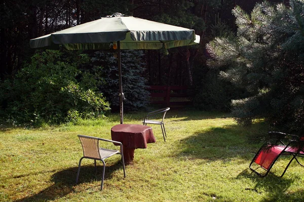 lawn with furniture and an umbrella in summer