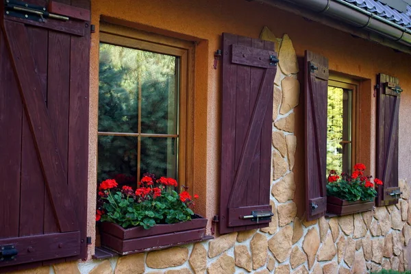 Windows Wooden Shutters Wall Country House 스톡 사진